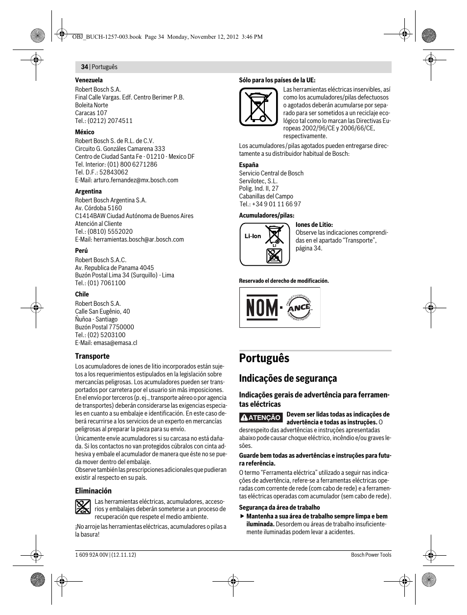 Português, Indicações de segurança, Transporte | Eliminación, Atenção | Bosch GST 18 V-LI Professional User Manual | Page 34 / 206
