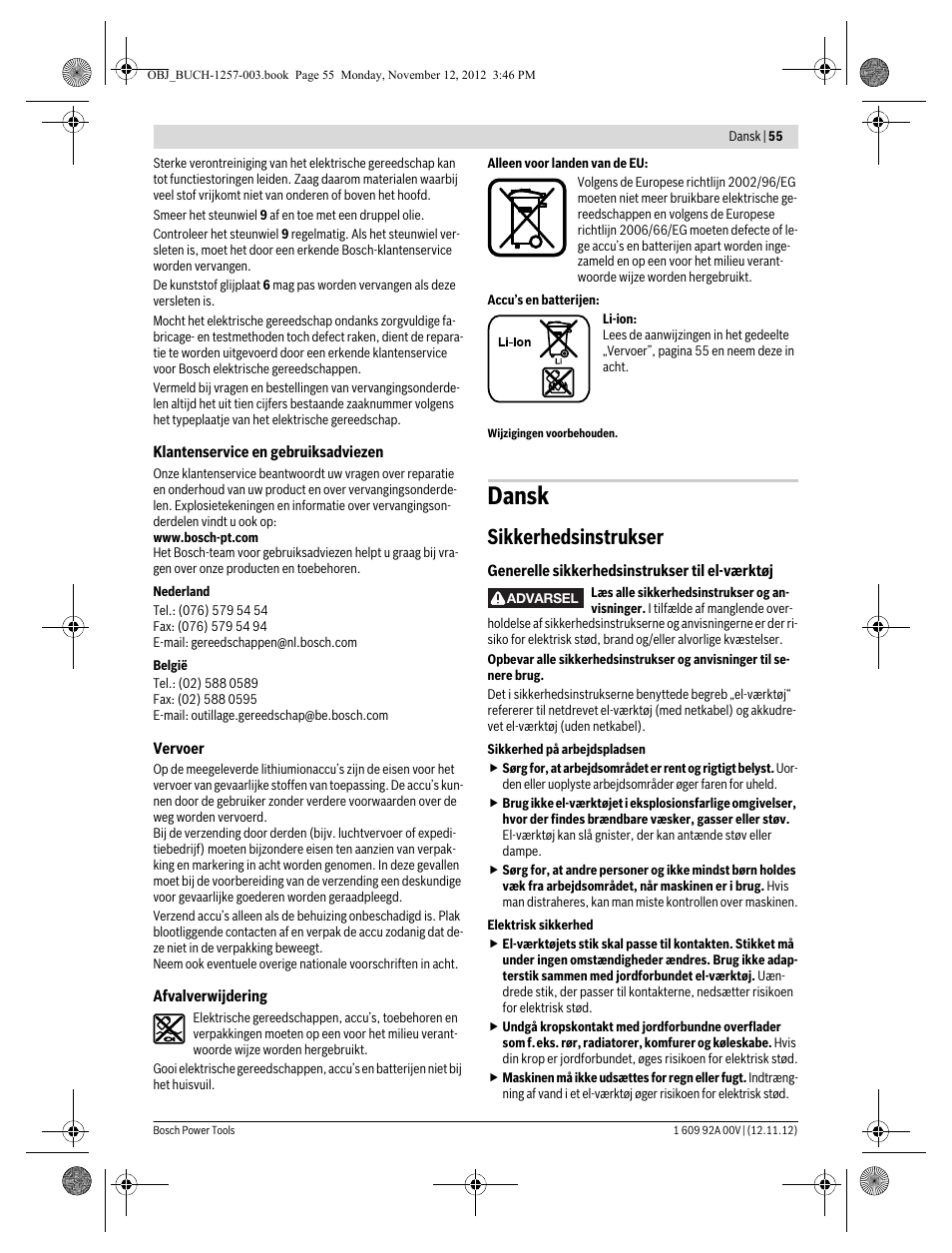 Dansk, Sikkerhedsinstrukser | Bosch GST 18 V-LI Professional User Manual | Page 55 / 206