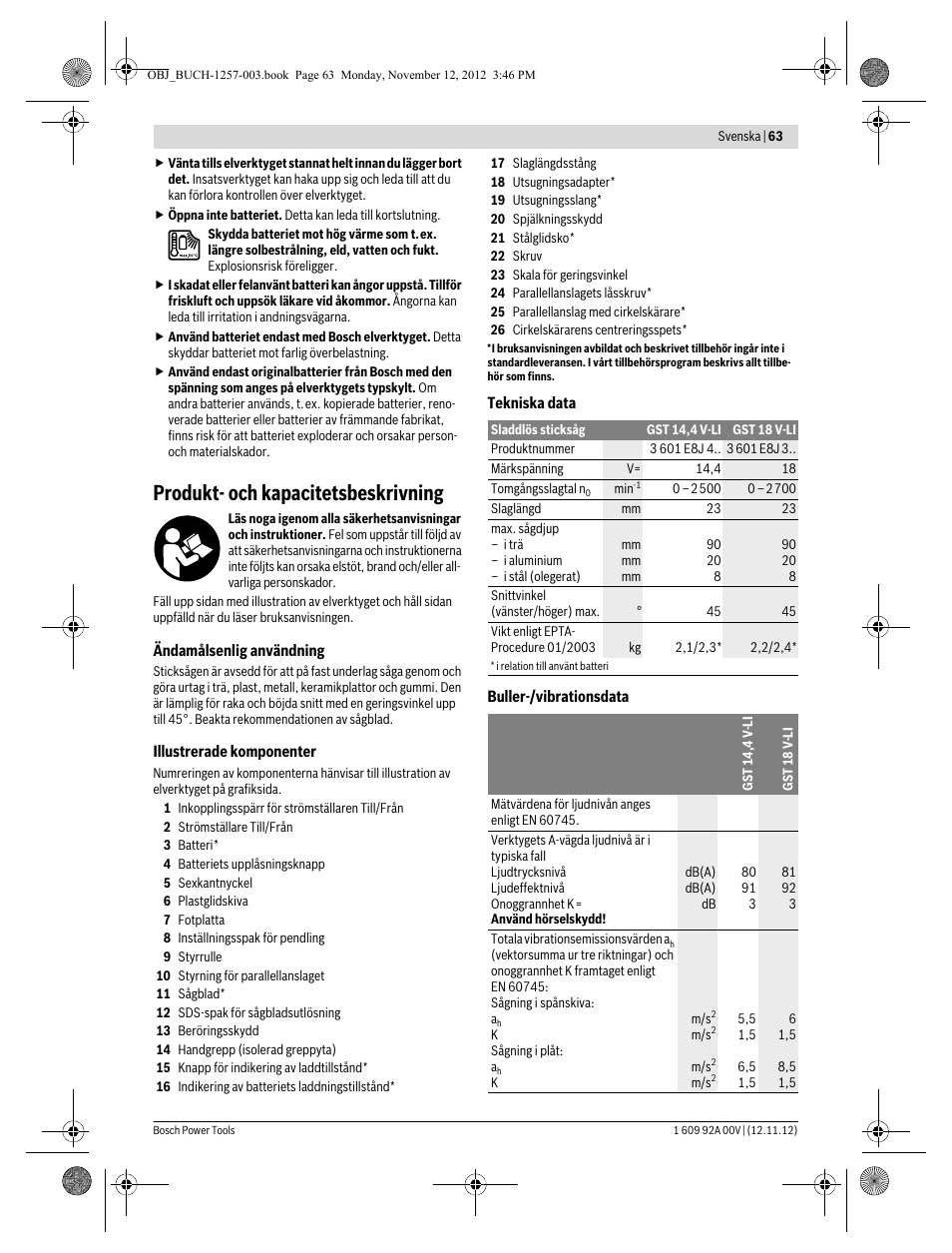 Produkt- och kapacitetsbeskrivning | Bosch GST 18 V-LI Professional User Manual | Page 63 / 206