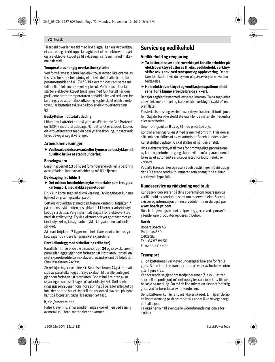 Service og vedlikehold | Bosch GST 18 V-LI Professional User Manual | Page 72 / 206
