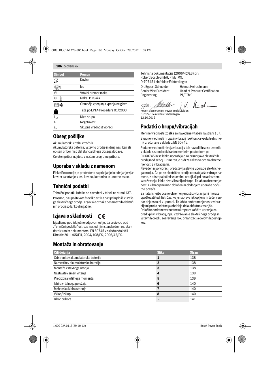 Obseg pošiljke, Uporaba v skladu z namenom, Tehnični podatki | Izjava o skladnosti, Podatki o hrupu/vibracijah, Montaža in obratovanje | Bosch GSR 1800-LI Professional User Manual | Page 106 / 141