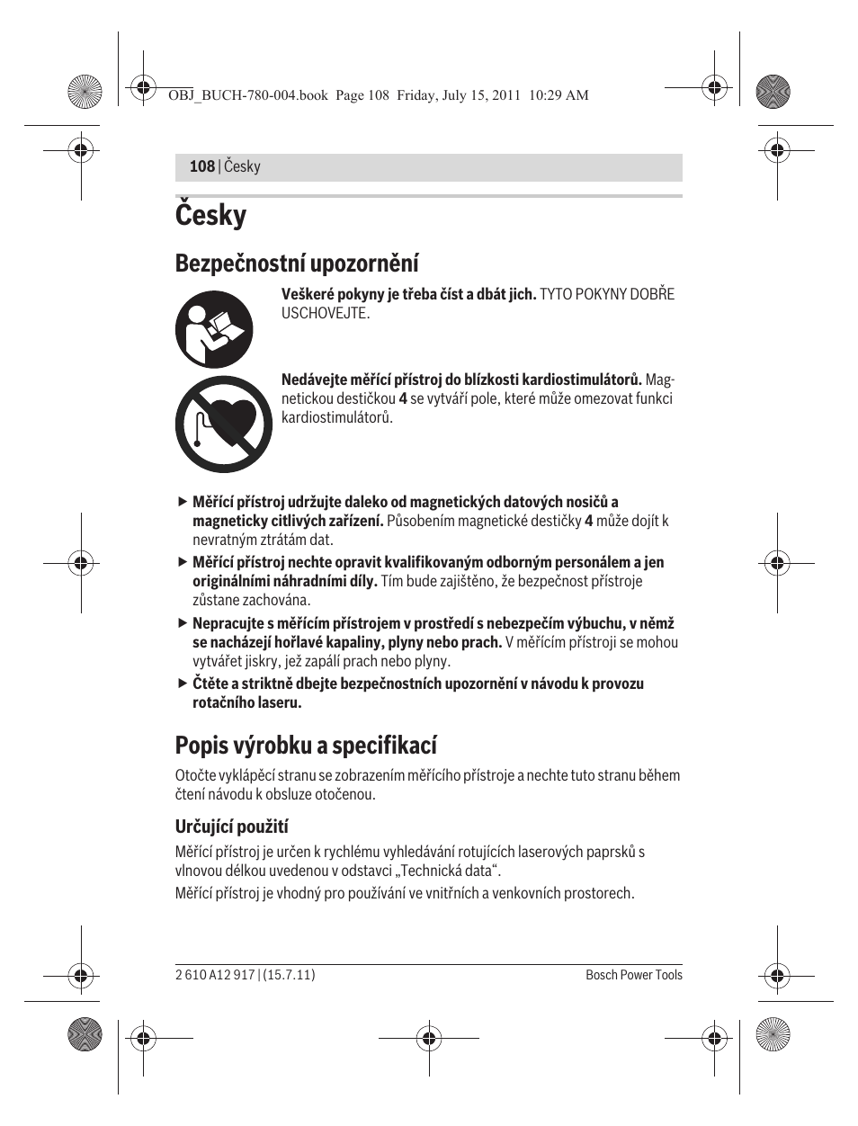 Česky, Bezpečnostní upozornění, Popis výrobku a specifikací | Bosch LR 1 Professional User Manual | Page 108 / 232