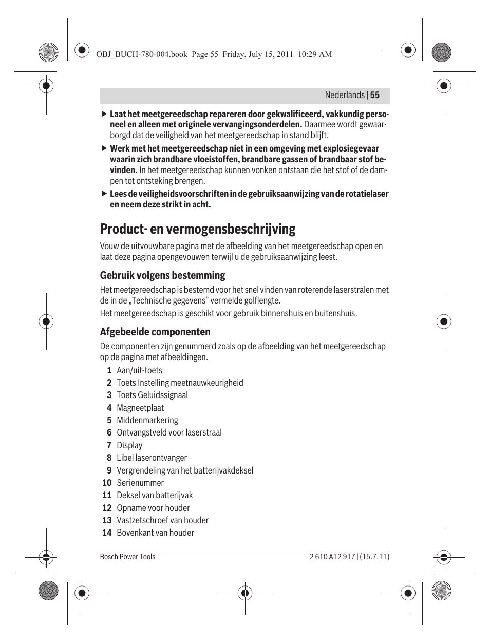 Product- en vermogensbeschrijving | Bosch LR 1 Professional User Manual | Page 55 / 232