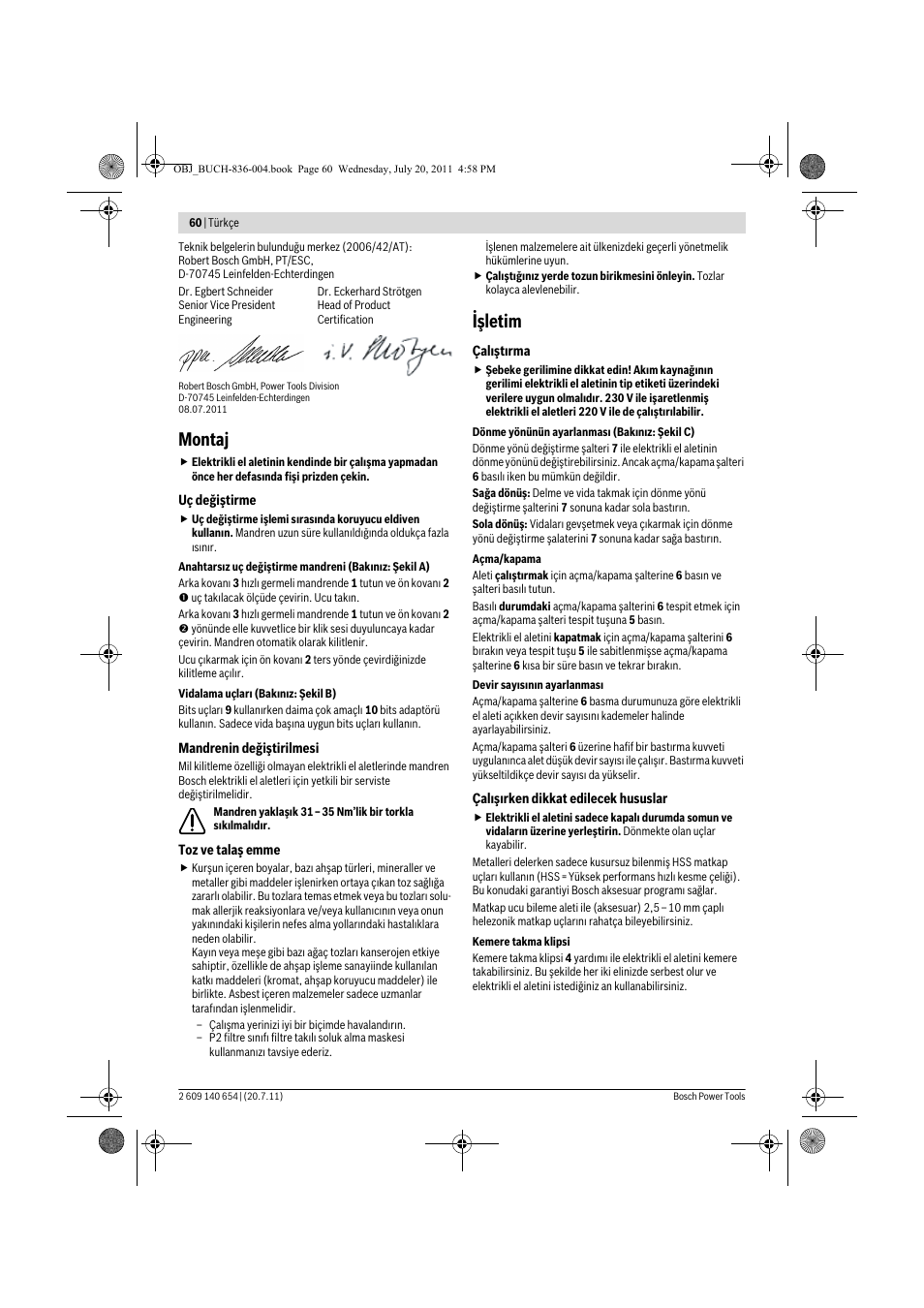 Montaj, Işletim | Bosch GBM 6 RE Professional User Manual | Page 60 / 130