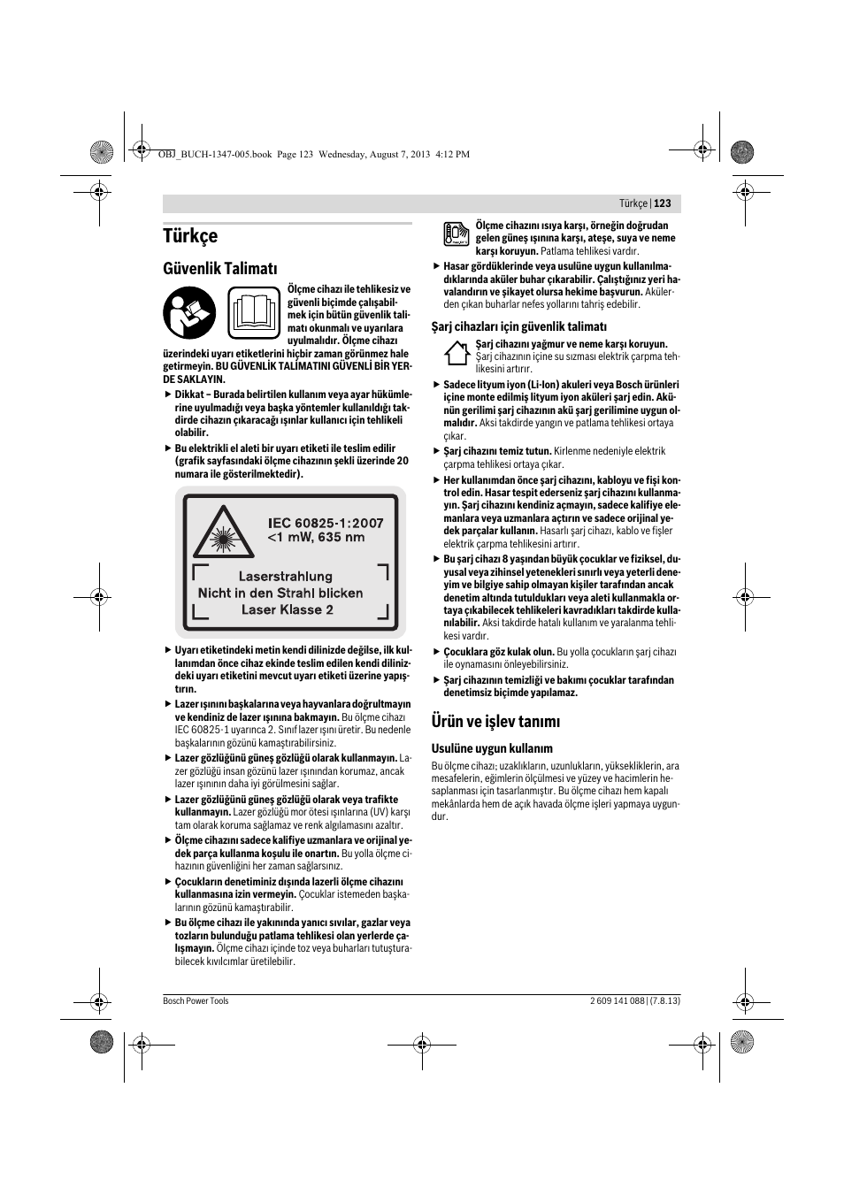 Türkçe, Güvenlik talimatı, Ürün ve işlev tanımı | Bosch GLM 80 + R 60 Professional User Manual | Page 123 / 309