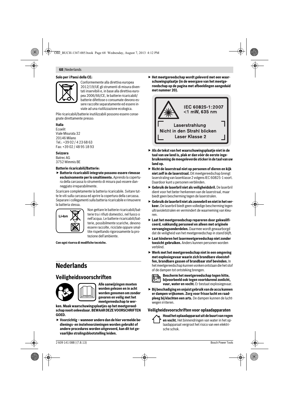 Nederlands, Veiligheidsvoorschriften | Bosch GLM 80 + R 60 Professional User Manual | Page 68 / 309