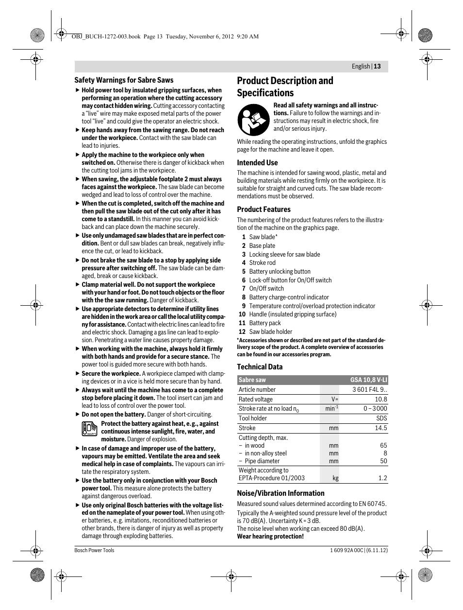 Product description and specifications | Bosch GSA 10,8 V-LI Professional User Manual | Page 13 / 172