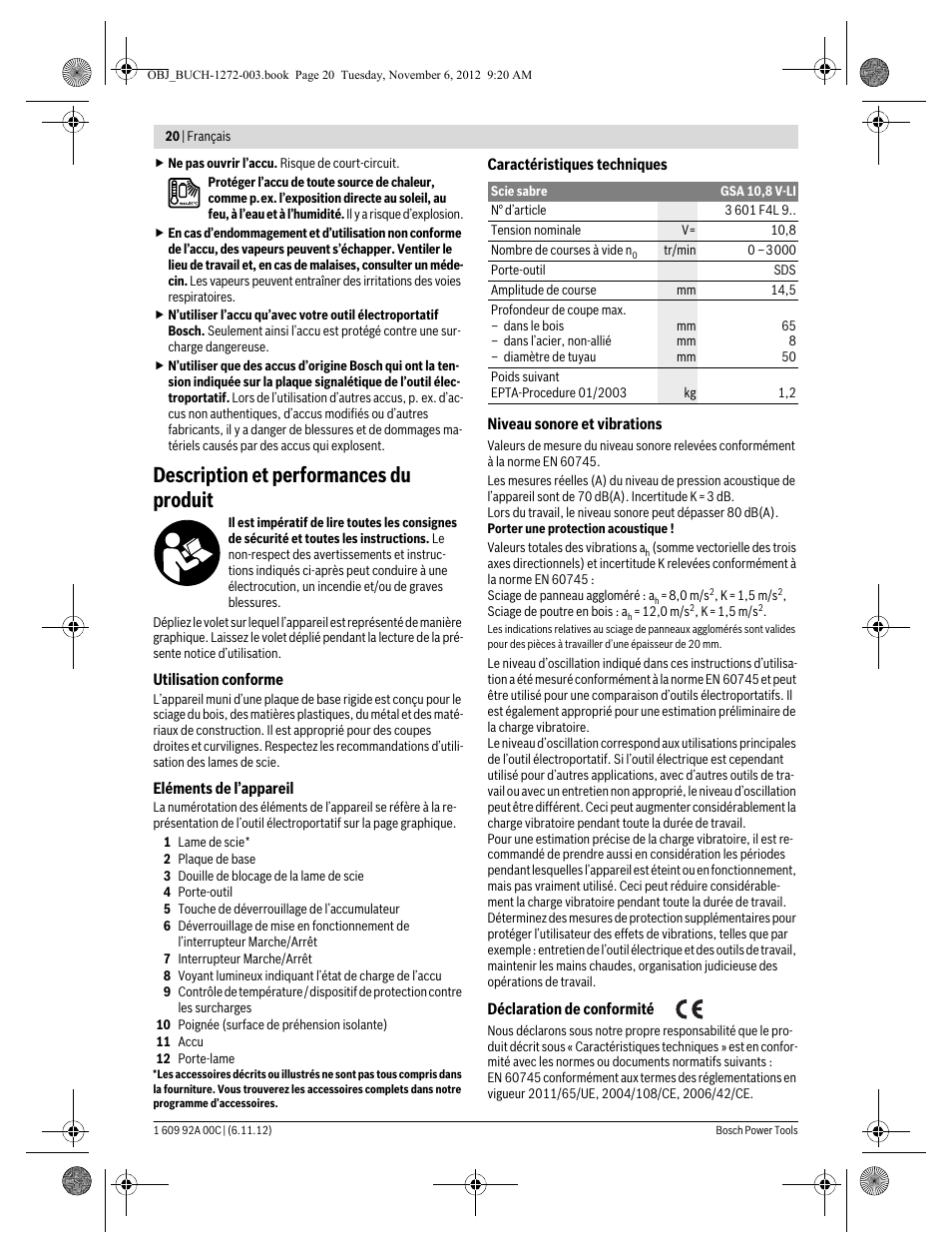 Description et performances du produit | Bosch GSA 10,8 V-LI Professional User Manual | Page 20 / 172