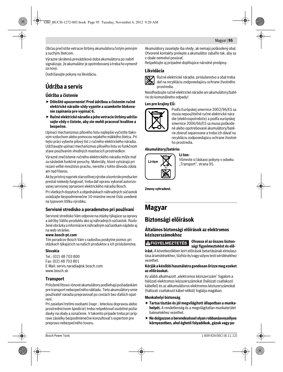 Magyar, Údržba a servis, Biztonsági előírások | Bosch GSA 10,8 V-LI Professional User Manual | Page 95 / 172
