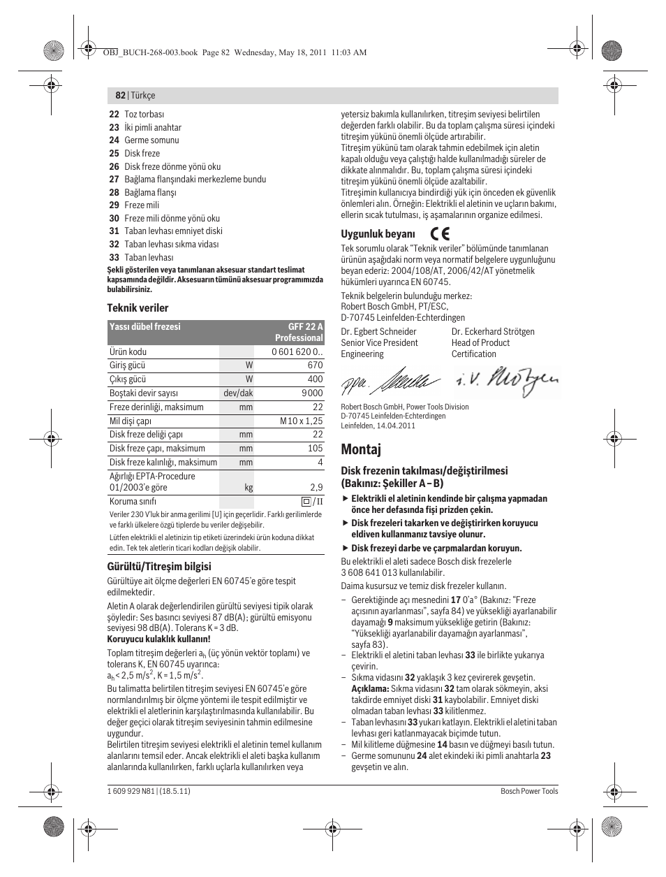 Montaj | Bosch GFF 22 A Professional User Manual | Page 82 / 173