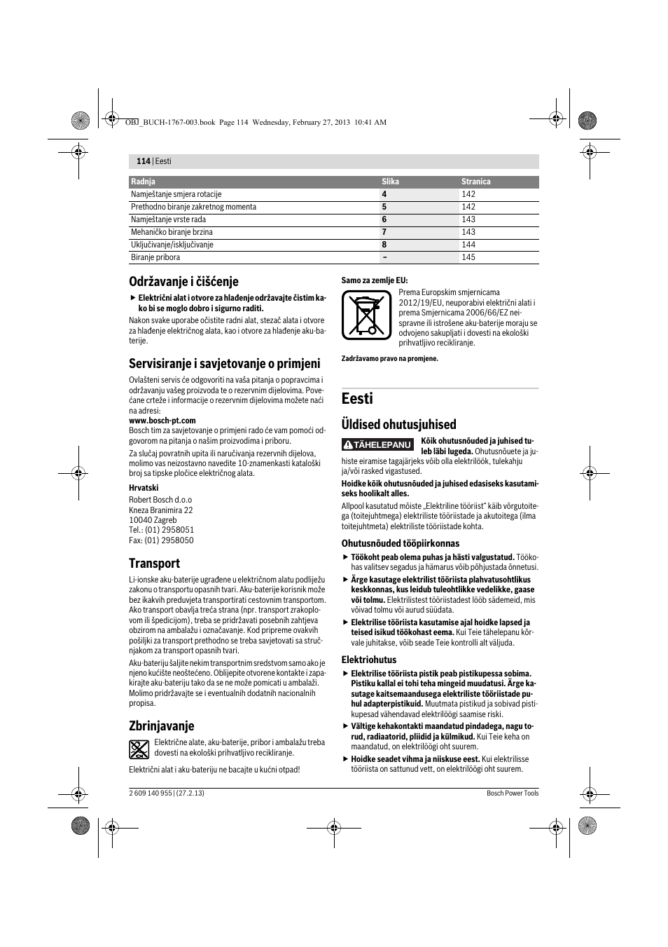 Eesti, Održavanje i čišćenje, Servisiranje i savjetovanje o primjeni | Transport, Zbrinjavanje, Üldised ohutusjuhised | Bosch GSB 14,4-2-LI Professional User Manual | Page 114 / 145