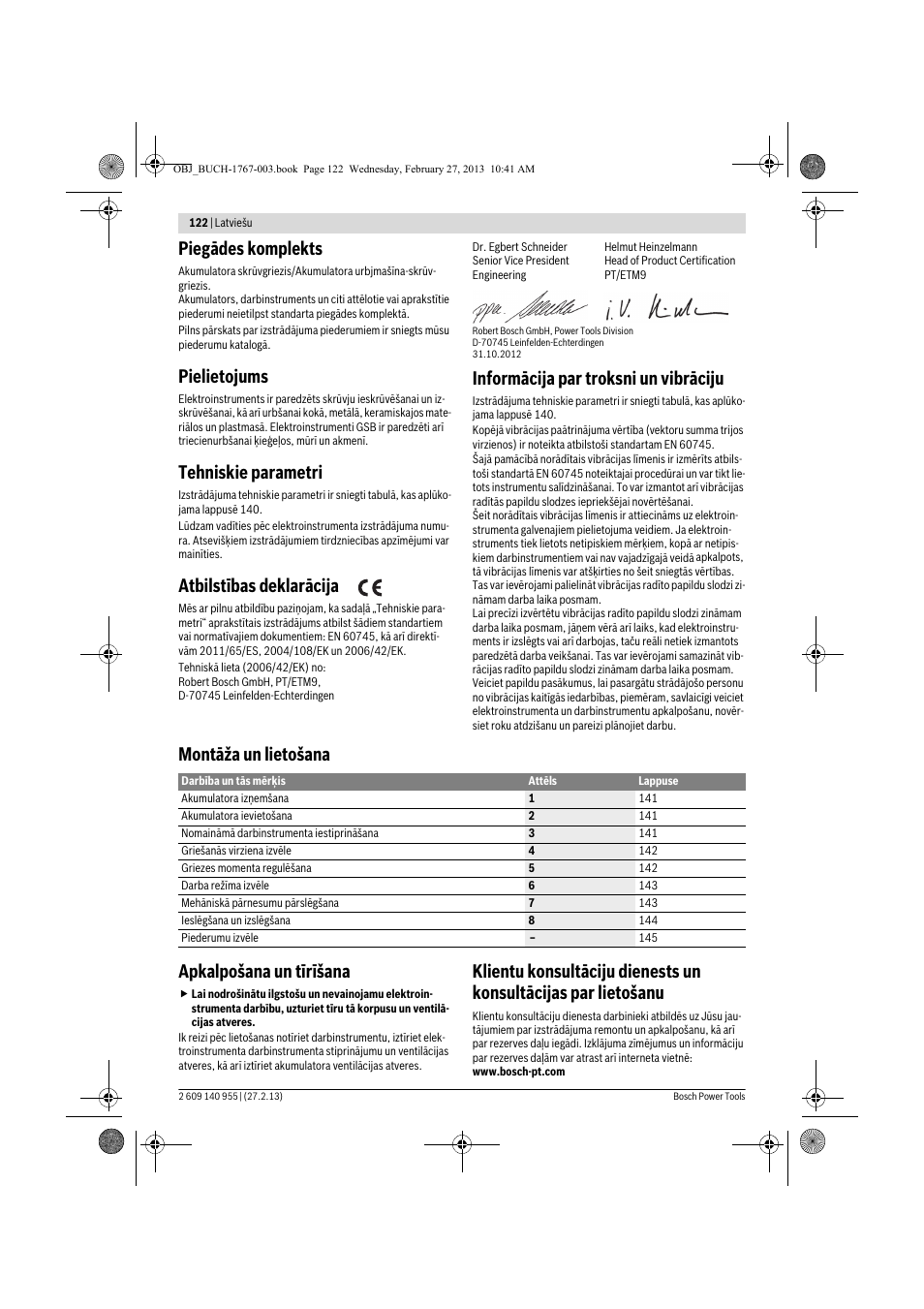 Piegādes komplekts, Pielietojums, Tehniskie parametri | Atbilstības deklarācija, Informācija par troksni un vibrāciju, Montāža un lietošana apkalpošana un tīrīšana | Bosch GSB 14,4-2-LI Professional User Manual | Page 122 / 145