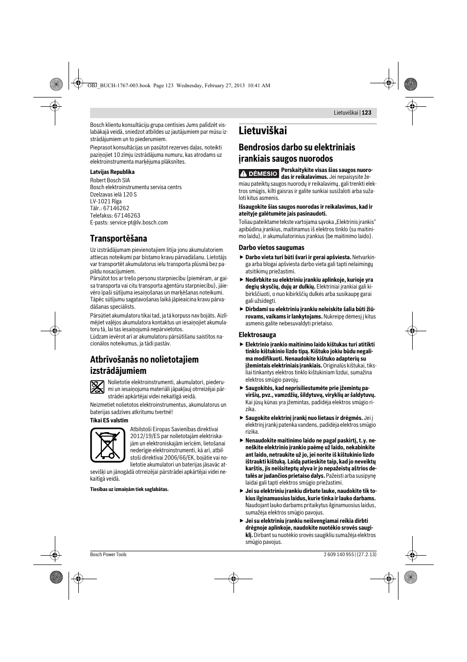 Lietuviškai, Transportēšana, Atbrīvošanās no nolietotajiem izstrādājumiem | Bosch GSB 14,4-2-LI Professional User Manual | Page 123 / 145