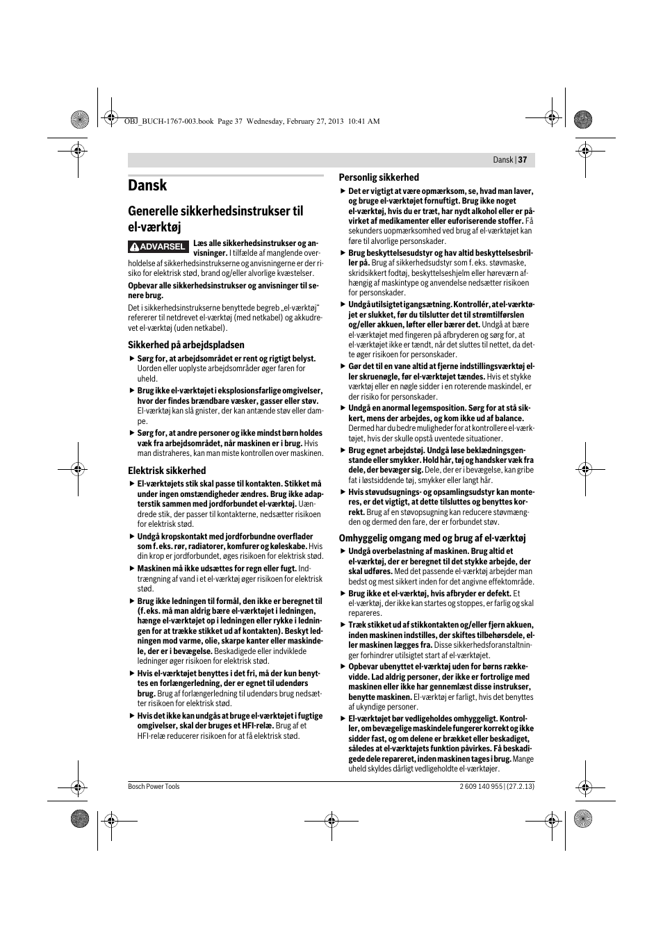 Dansk, Generelle sikkerhedsinstrukser til el-værktøj | Bosch GSB 14,4-2-LI Professional User Manual | Page 37 / 145
