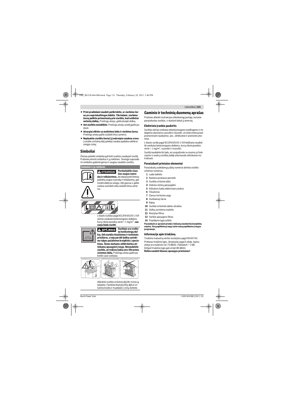 Simboliai, Gaminio ir techninių duomenų aprašas | Bosch GAS 25 L SFC Professional User Manual | Page 131 / 146