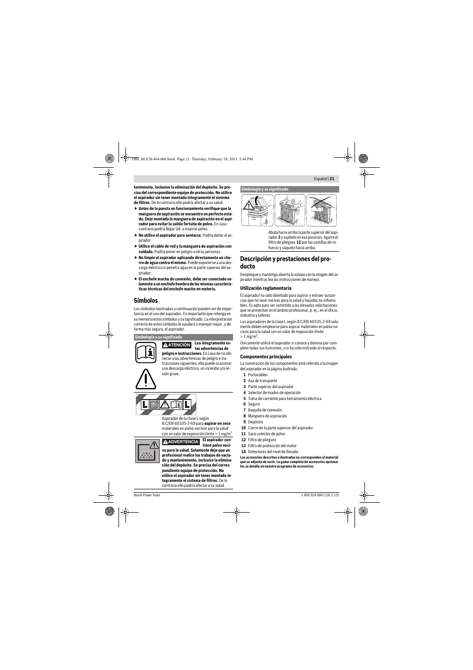 Símbolos, Descripción y prestaciones del pro- ducto | Bosch GAS 25 L SFC Professional User Manual | Page 21 / 146