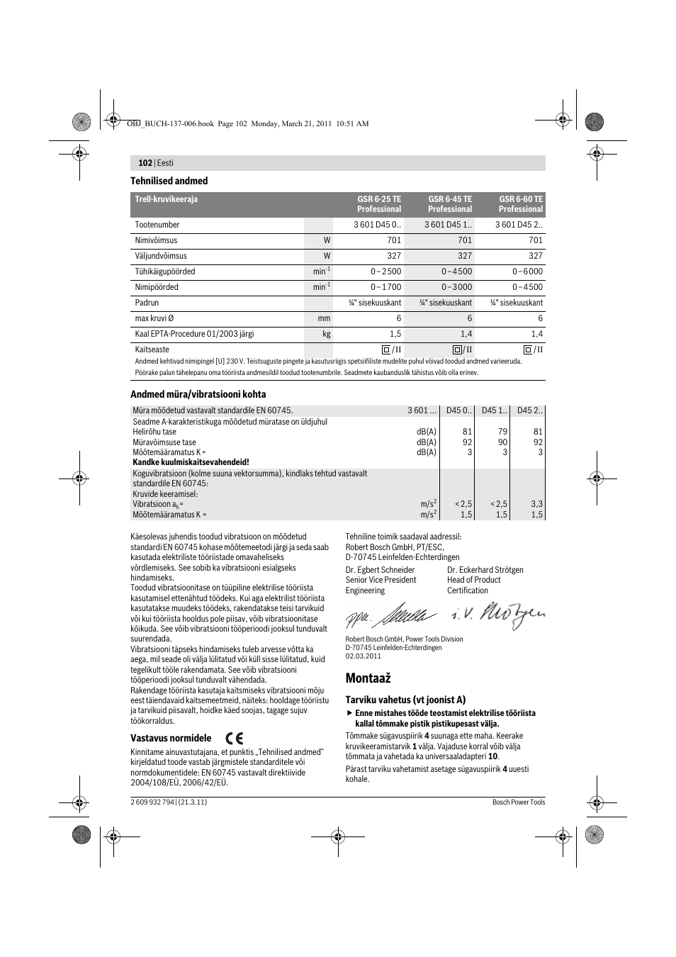 Montaaž | Bosch GSR 6-60 TE Professional User Manual | Page 102 / 119