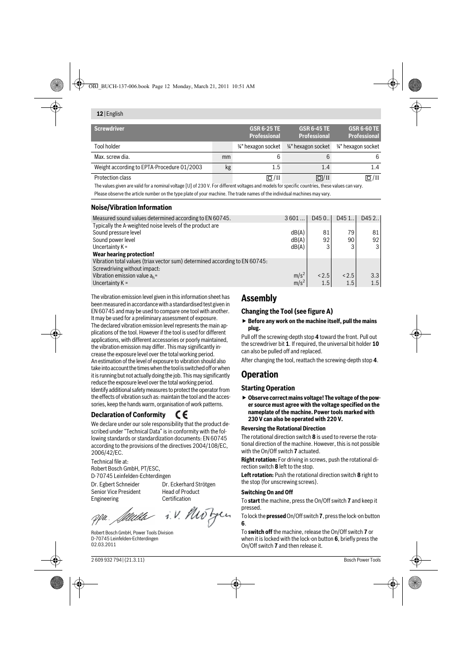 Assembly, Operation | Bosch GSR 6-60 TE Professional User Manual | Page 12 / 119