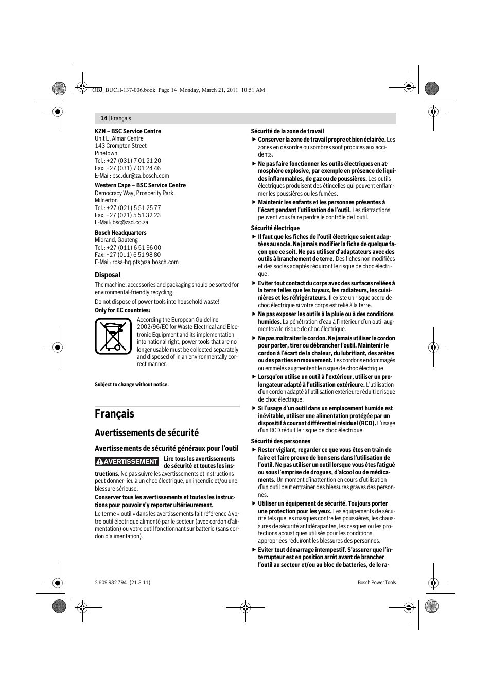 Français, Avertissements de sécurité | Bosch GSR 6-60 TE Professional User Manual | Page 14 / 119