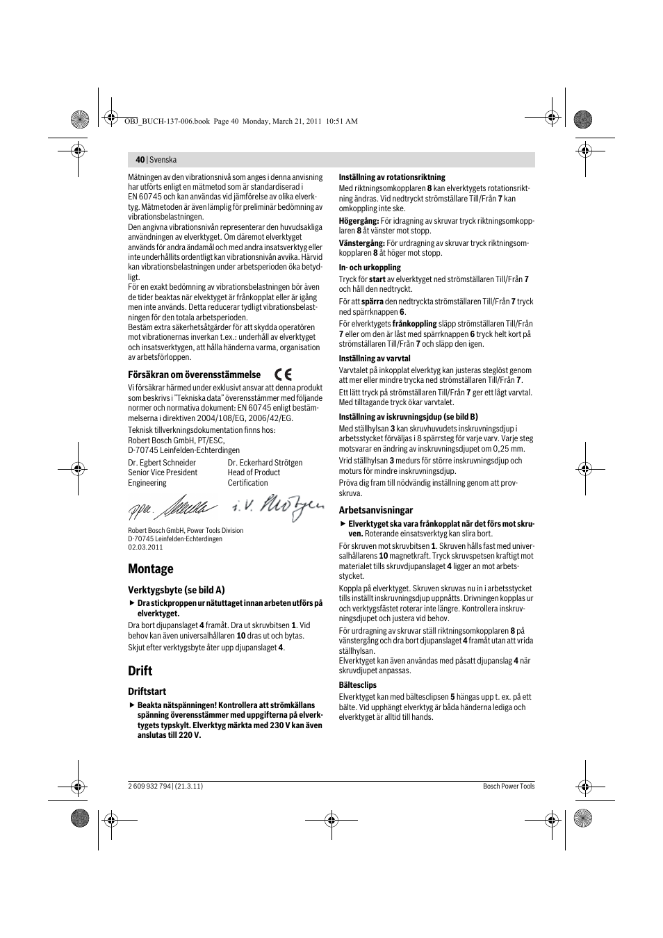 Montage, Drift | Bosch GSR 6-60 TE Professional User Manual | Page 40 / 119