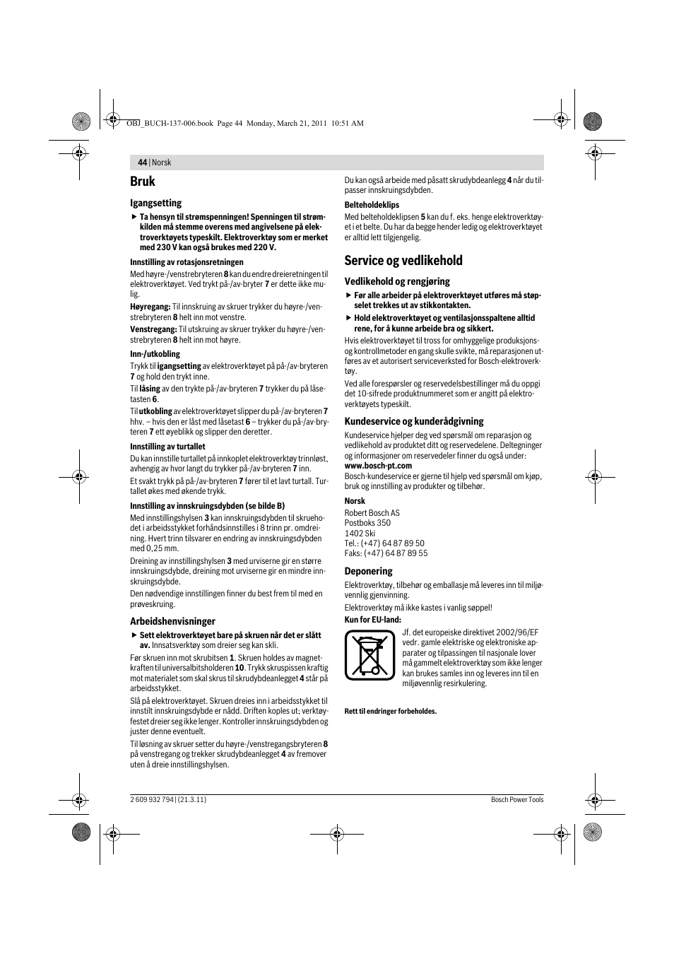 Bruk, Service og vedlikehold | Bosch GSR 6-60 TE Professional User Manual | Page 44 / 119