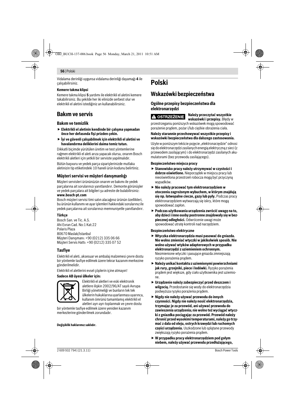 Polski, Bak m ve servis, Wskazówki bezpieczeństwa | Bosch GSR 6-60 TE Professional User Manual | Page 56 / 119