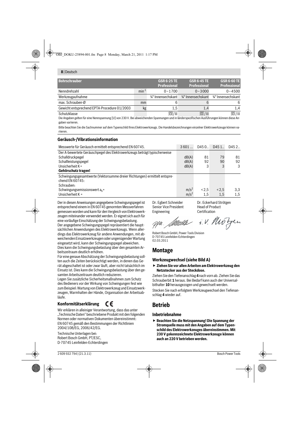 Montage, Betrieb | Bosch GSR 6-60 TE Professional User Manual | Page 8 / 119
