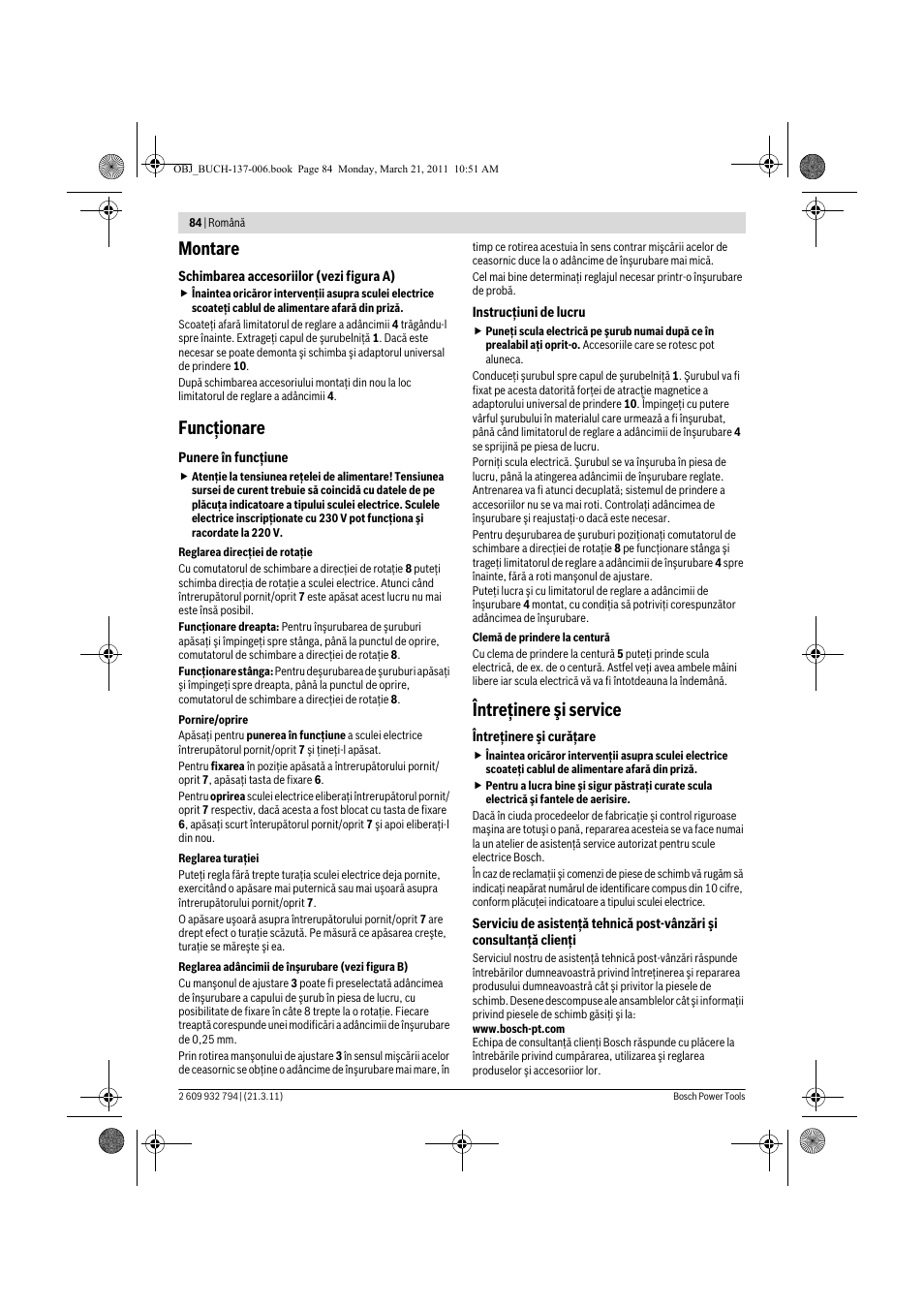 Montare, Funcţionare, Întreţinere şi service | Bosch GSR 6-60 TE Professional User Manual | Page 84 / 119