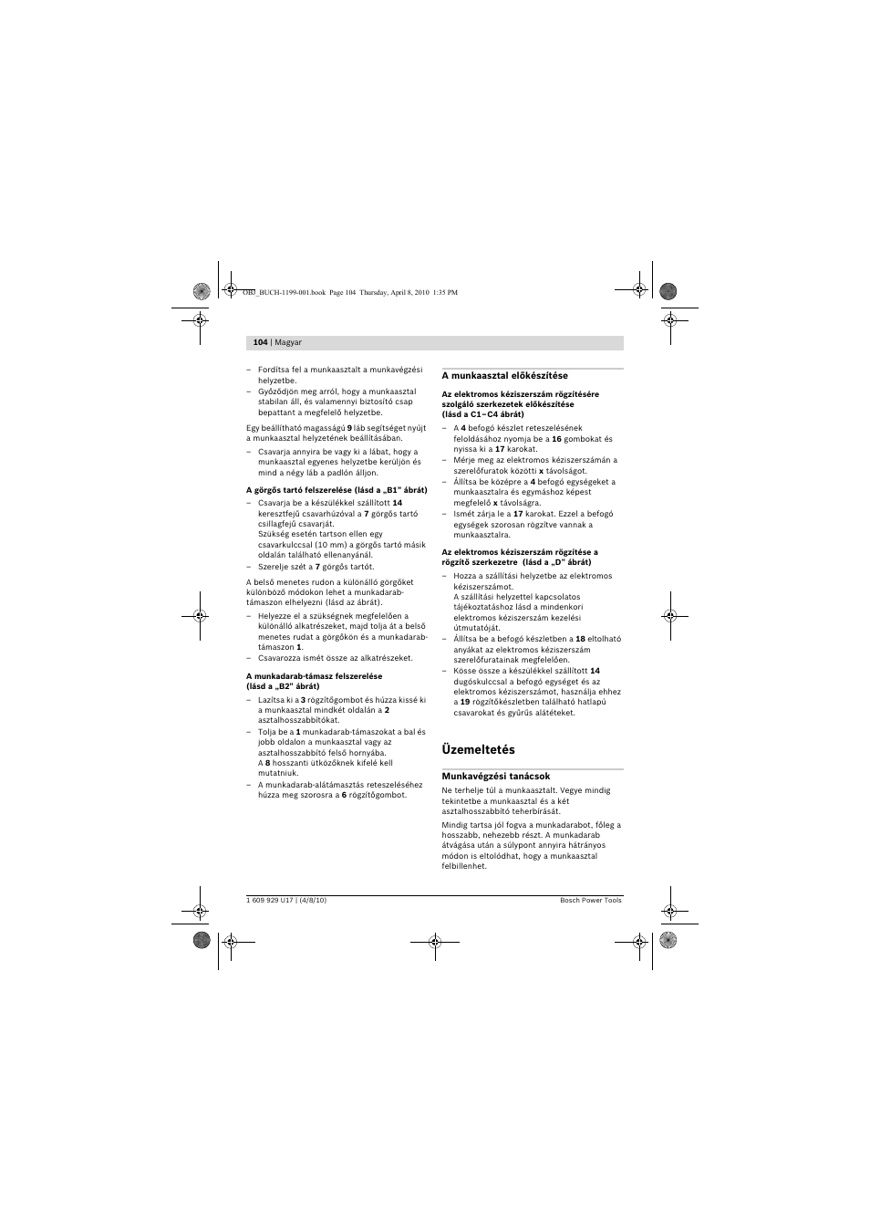 Üzemeltetés | Bosch GTA 3800 Professional User Manual | Page 104 / 171