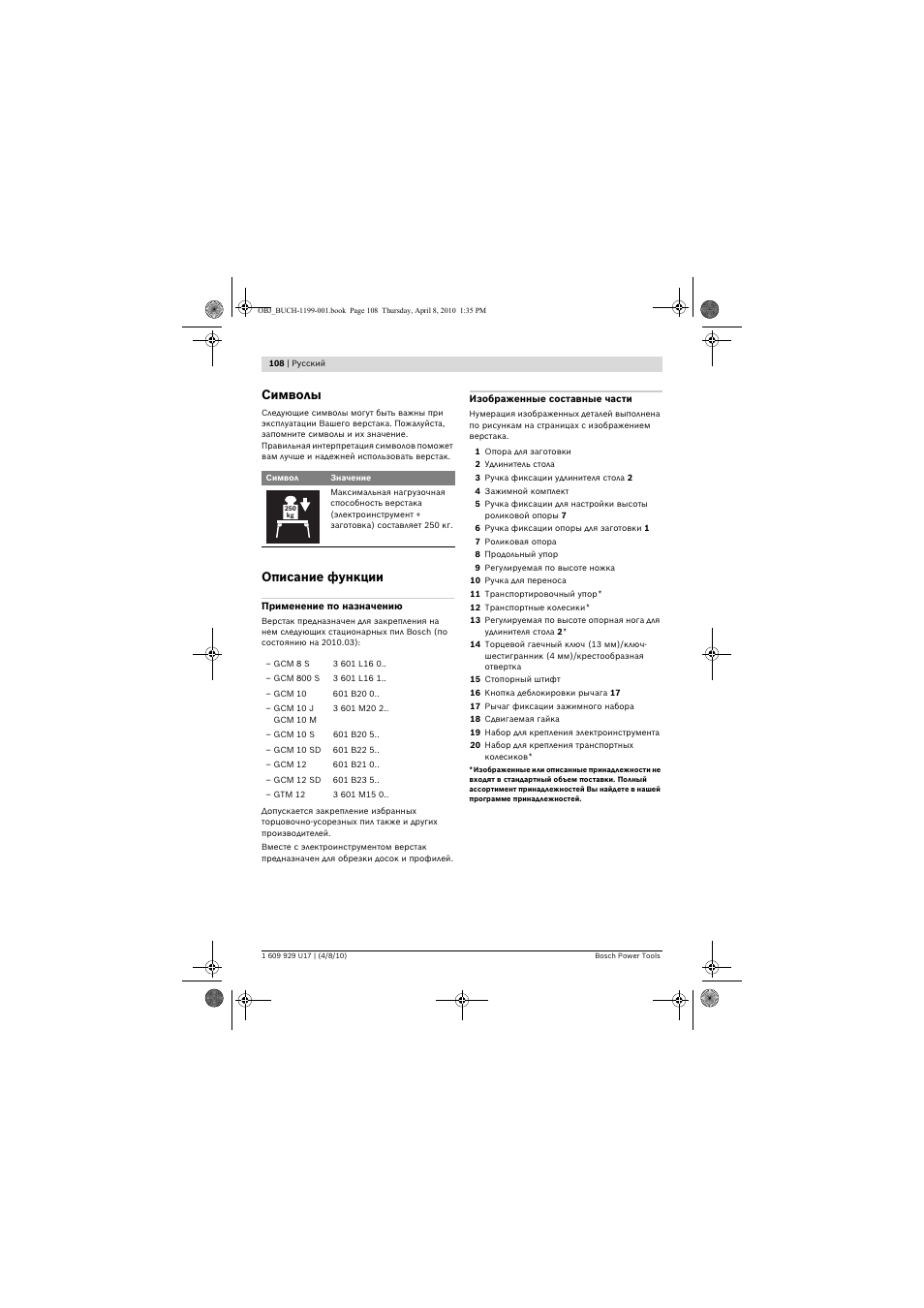 Символы, Описание функции | Bosch GTA 3800 Professional User Manual | Page 108 / 171