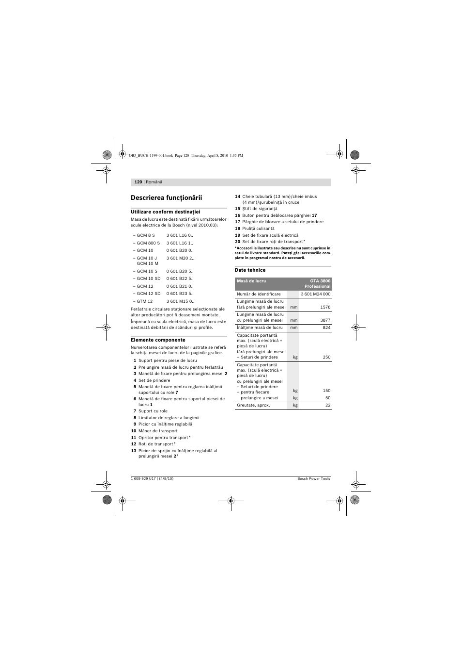 Descrierea funcţionării | Bosch GTA 3800 Professional User Manual | Page 120 / 171