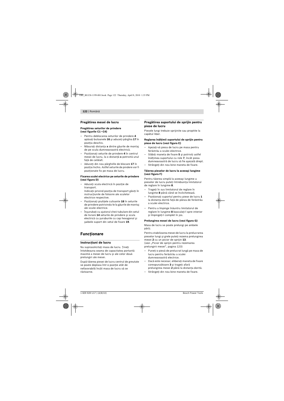 Funcţionare | Bosch GTA 3800 Professional User Manual | Page 122 / 171
