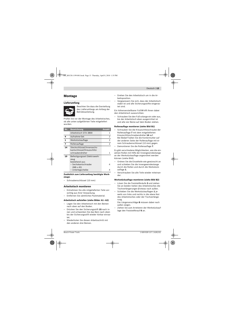 Montage | Bosch GTA 3800 Professional User Manual | Page 13 / 171