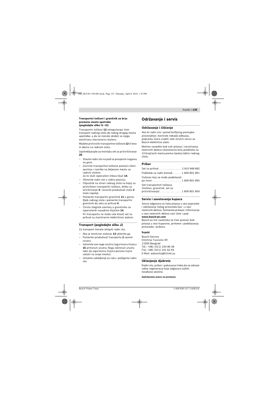 Održavanje i servis | Bosch GTA 3800 Professional User Manual | Page 135 / 171