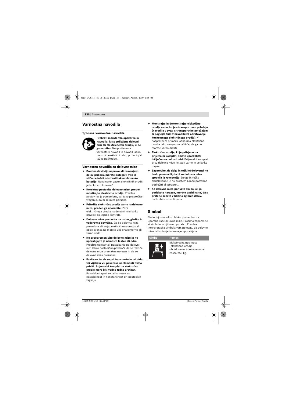 Varnostna navodila, Simboli | Bosch GTA 3800 Professional User Manual | Page 136 / 171