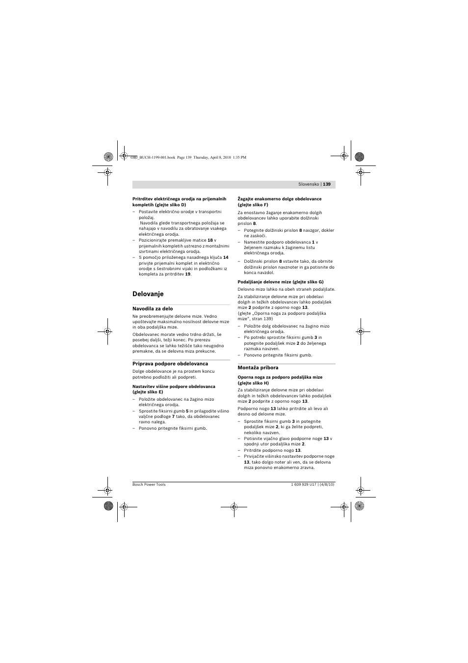 Delovanje | Bosch GTA 3800 Professional User Manual | Page 139 / 171