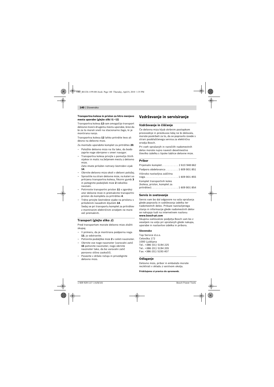 Vzdrževanje in servisiranje | Bosch GTA 3800 Professional User Manual | Page 140 / 171