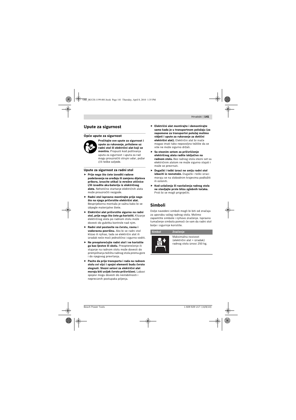 Upute za sigurnost, Simboli | Bosch GTA 3800 Professional User Manual | Page 141 / 171