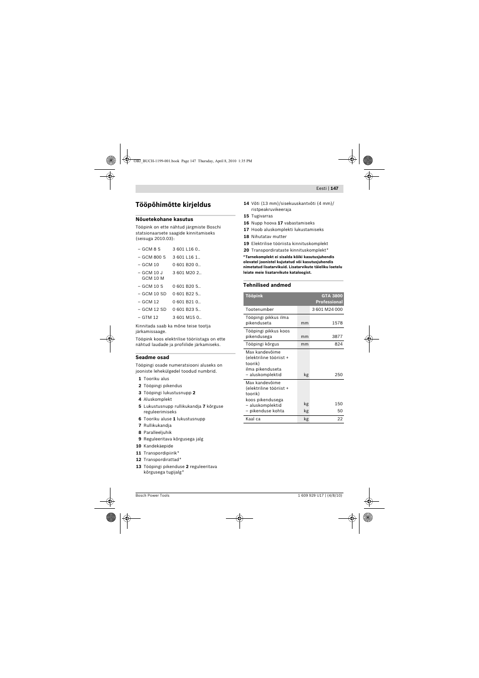 Tööpõhimõtte kirjeldus | Bosch GTA 3800 Professional User Manual | Page 147 / 171
