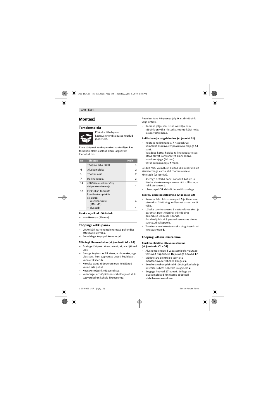 Montaaž | Bosch GTA 3800 Professional User Manual | Page 148 / 171