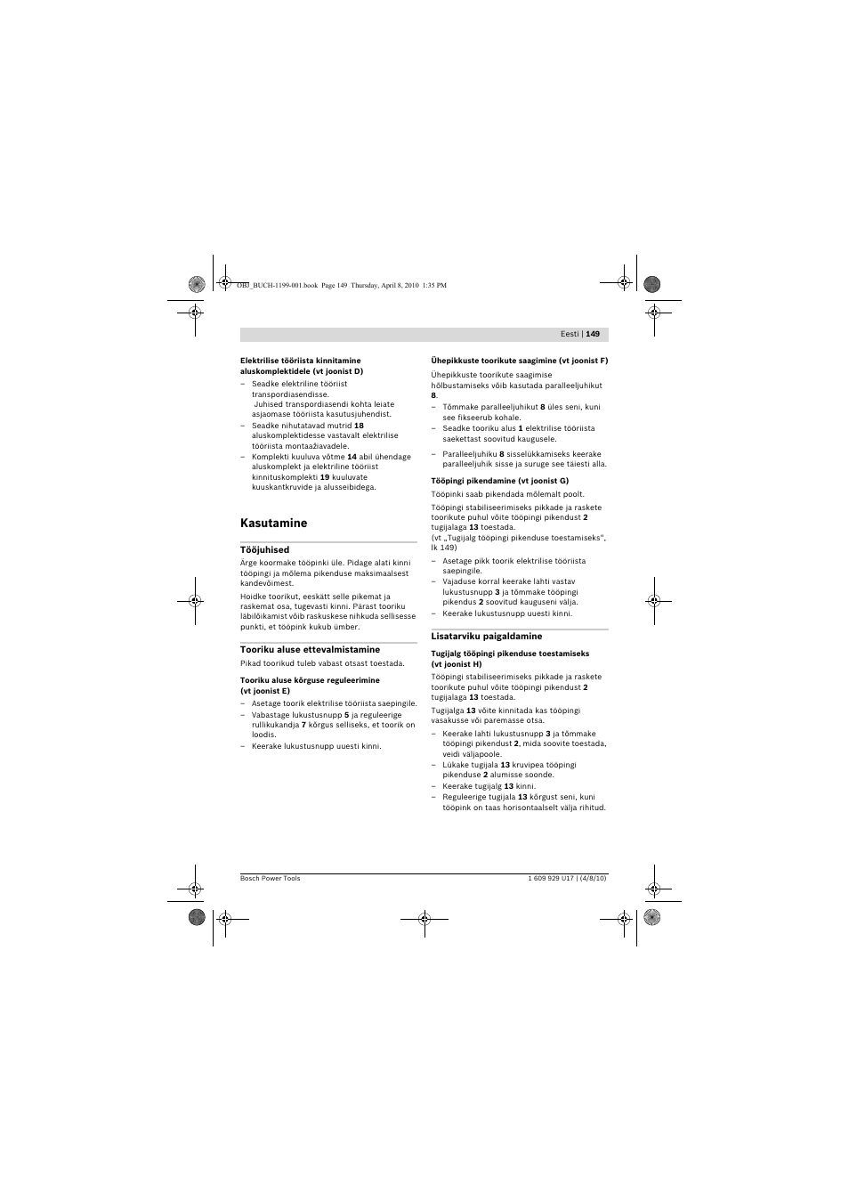 Kasutamine | Bosch GTA 3800 Professional User Manual | Page 149 / 171
