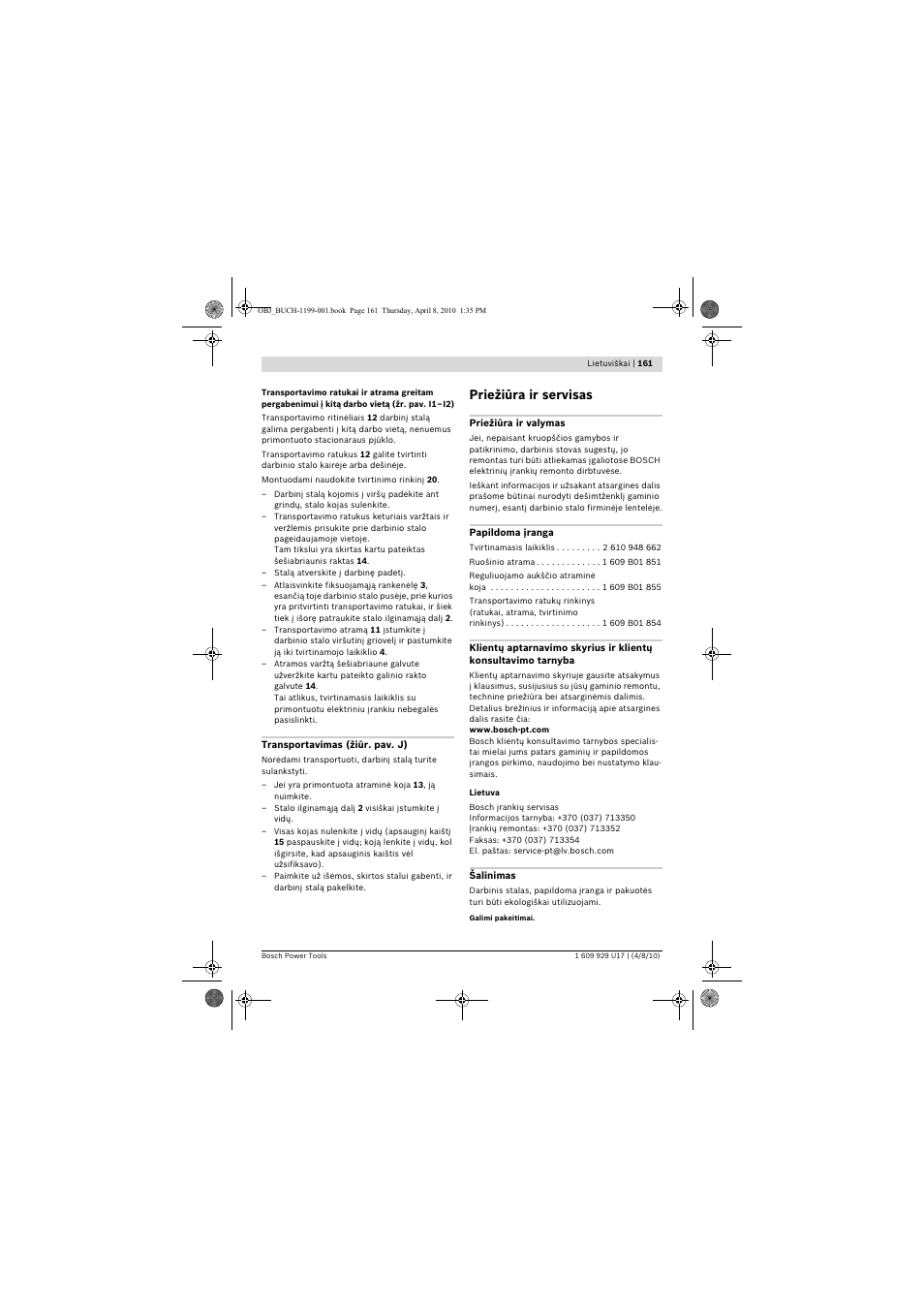Priežiūra ir servisas | Bosch GTA 3800 Professional User Manual | Page 161 / 171