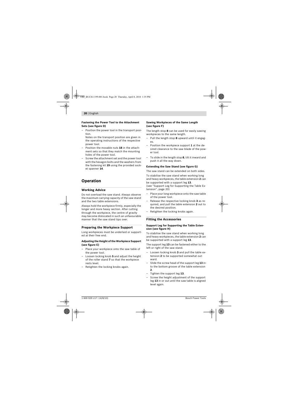Operation | Bosch GTA 3800 Professional User Manual | Page 20 / 171