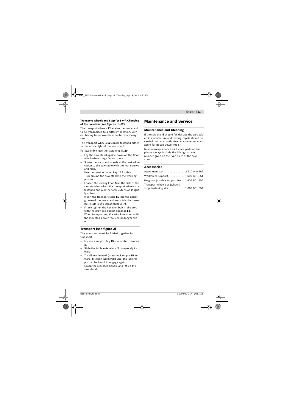 Maintenance and service | Bosch GTA 3800 Professional User Manual | Page 21 / 171