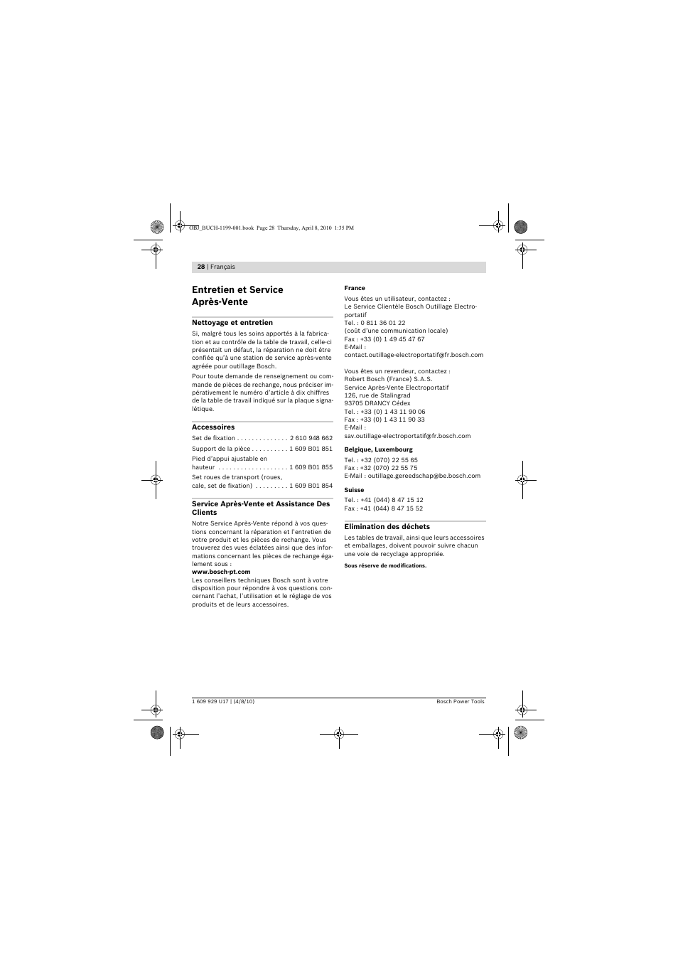 Entretien et service après-vente | Bosch GTA 3800 Professional User Manual | Page 28 / 171