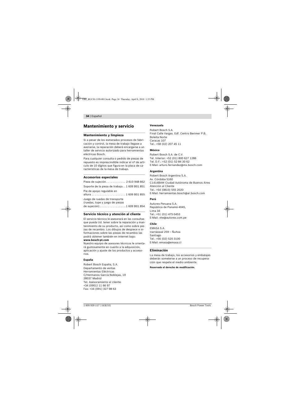 Mantenimiento y servicio | Bosch GTA 3800 Professional User Manual | Page 34 / 171