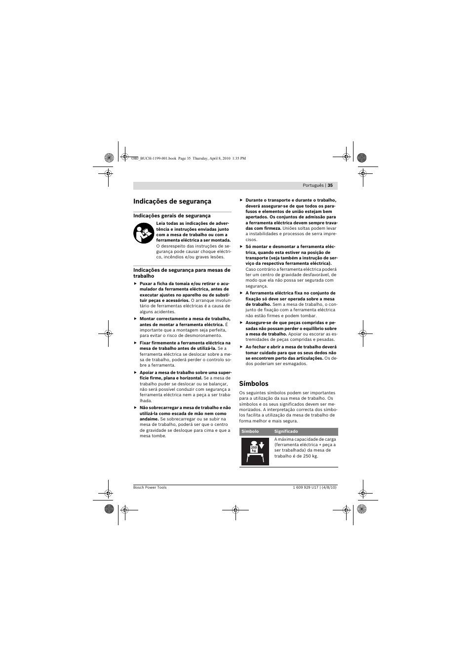 Indicações de segurança, Símbolos | Bosch GTA 3800 Professional User Manual | Page 35 / 171