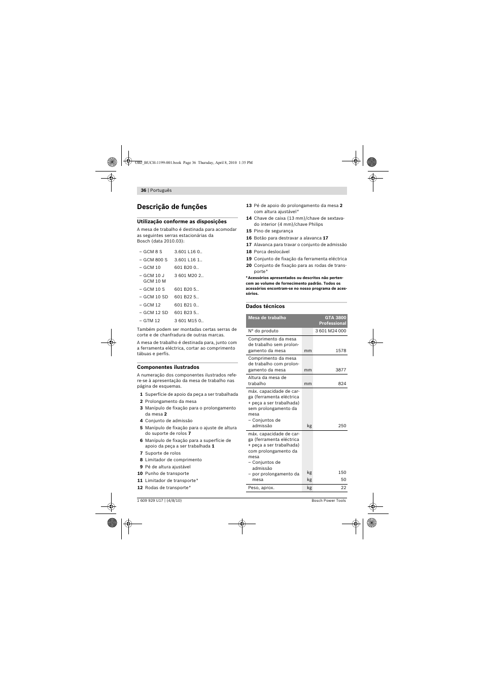 Descrição de funções | Bosch GTA 3800 Professional User Manual | Page 36 / 171