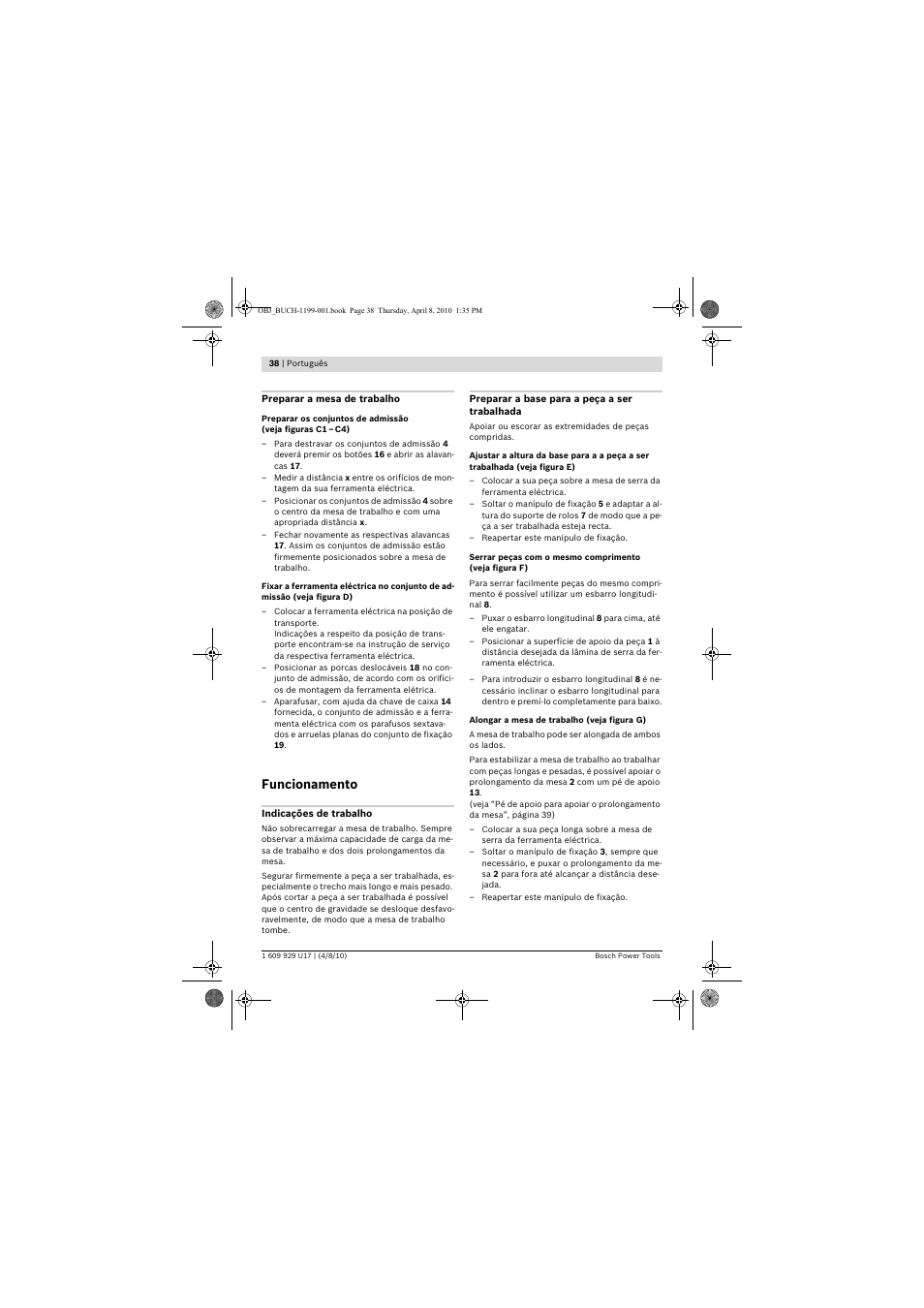Funcionamento | Bosch GTA 3800 Professional User Manual | Page 38 / 171