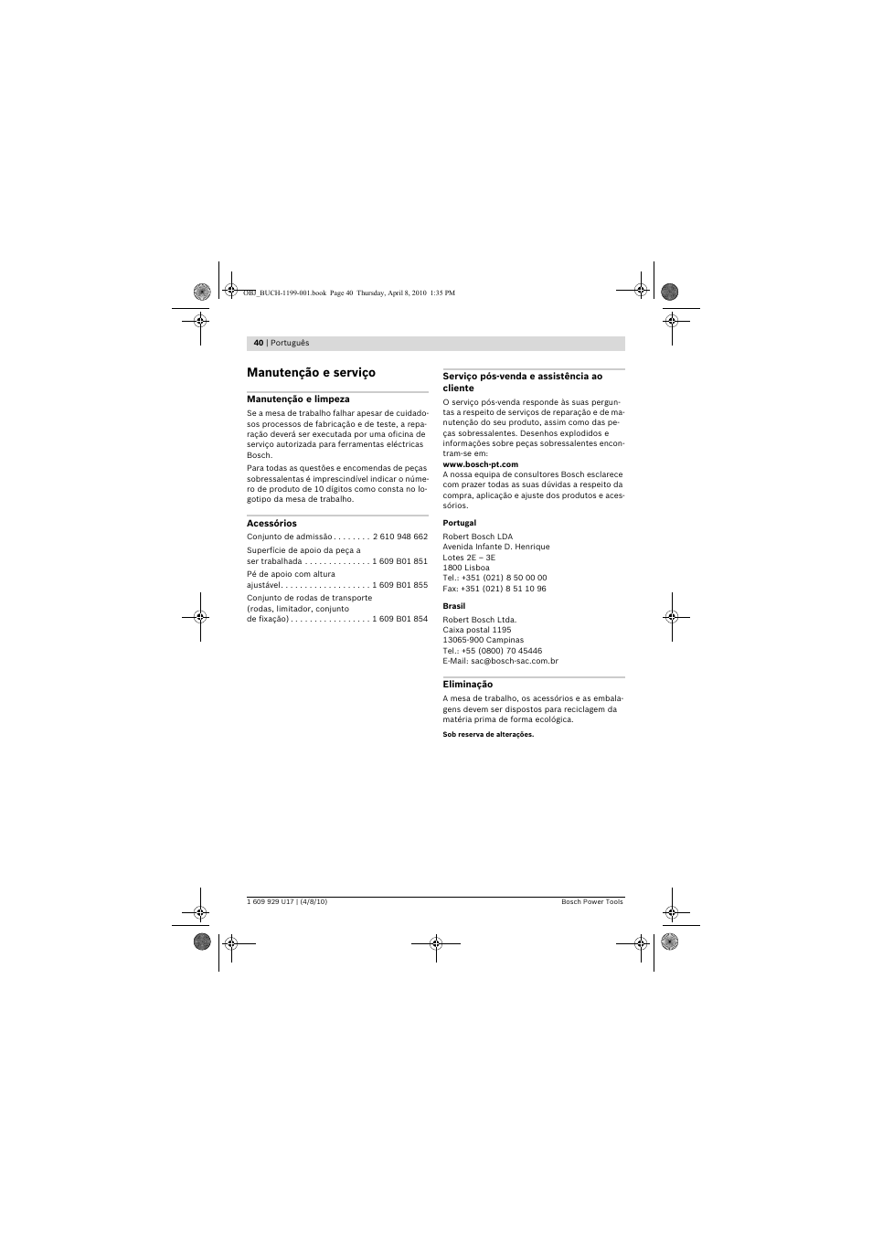 Manutenção e serviço | Bosch GTA 3800 Professional User Manual | Page 40 / 171